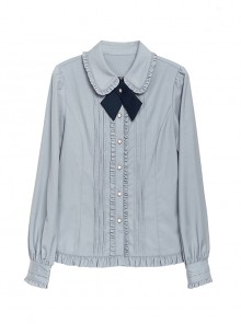 Idol.Q Series Pleated Lace Design Lapel Bow Tie Decoration Comfortable Long-Sleeve Classic Lolita Button-Down Shirt