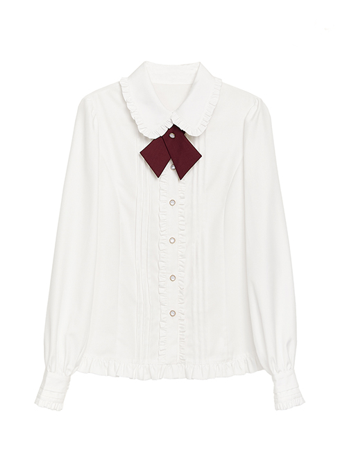Idol.Q Series Pleated Lace Design Lapel Bow Tie Decoration Comfortable Long-Sleeve Classic Lolita Button-Down Shirt