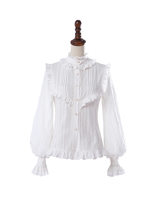 Retro Court Classic Lolita Pleated Lace Comfortable Jacquard Cotton White Long Sleeve Shirt