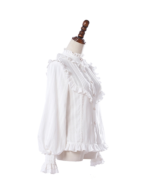 Retro Court Classic Lolita Pleated Lace Comfortable Jacquard Cotton White Long Sleeve Shirt