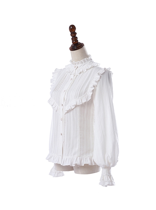 Retro Court Classic Lolita Pleated Lace Comfortable Jacquard Cotton White Long Sleeve Shirt