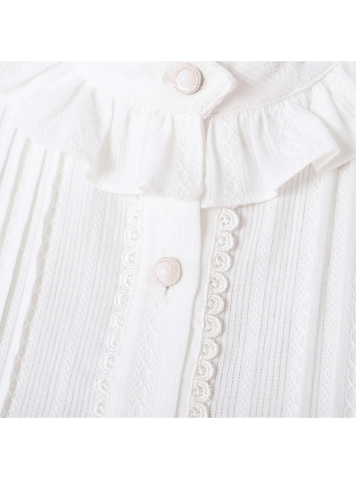 Retro Court Classic Lolita Pleated Lace Comfortable Jacquard Cotton White Long Sleeve Shirt