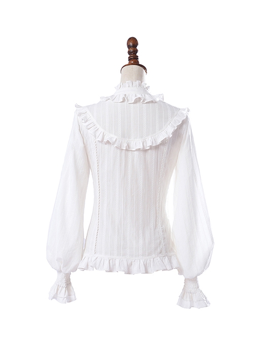 Retro Court Classic Lolita Pleated Lace Comfortable Jacquard Cotton White Long Sleeve Shirt