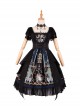 God Redemption Series OP Dark Double Chiffon Pleats Cross Skull Print Black Girdle Design Gothic Lolita Short Sleeve Dress Set