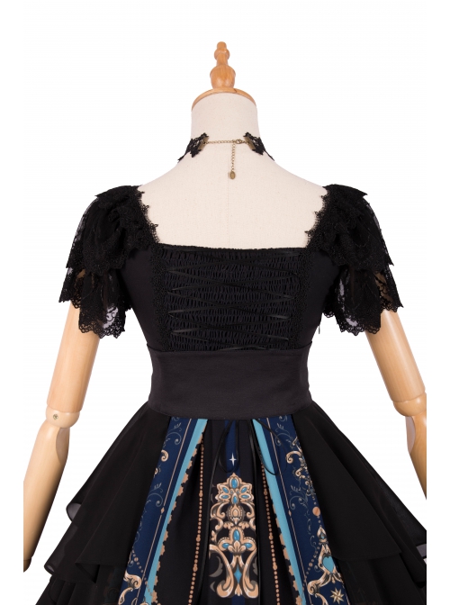 God Redemption Series OP Dark Double Chiffon Pleats Cross Skull Print Black Girdle Design Gothic Lolita Short Sleeve Dress Set