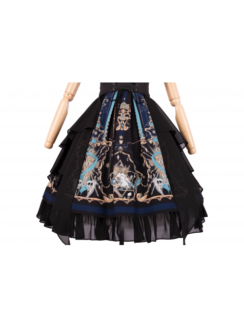 God Redemption Series OP Dark Double Chiffon Pleats Cross Skull Print Black Girdle Design Gothic Lolita Short Sleeve Dress Set