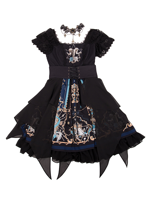 God Redemption Series OP Dark Double Chiffon Pleats Cross Skull Print Black Girdle Design Gothic Lolita Short Sleeve Dress Set