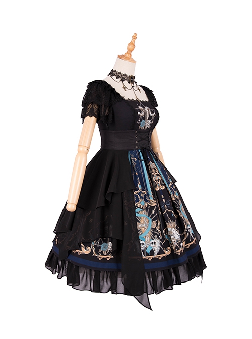 God Redemption Series OP Dark Double Chiffon Pleats Cross Skull Print Black Girdle Design Gothic Lolita Short Sleeve Dress Set