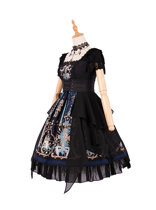 God Redemption Series OP Dark Double Chiffon Pleats Cross Skull Print Black Girdle Design Gothic Lolita Short Sleeve Dress Set