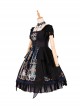 God Redemption Series OP Dark Double Chiffon Pleats Cross Skull Print Black Girdle Design Gothic Lolita Short Sleeve Dress Set