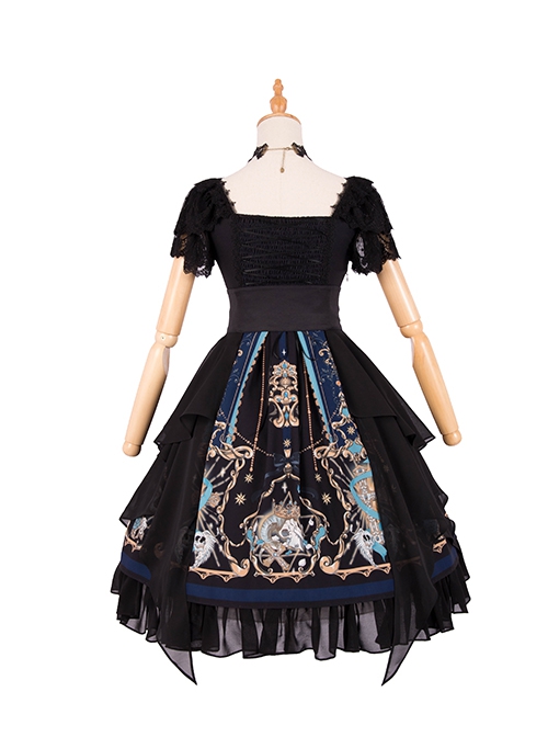 God Redemption Series OP Dark Double Chiffon Pleats Cross Skull Print Black Girdle Design Gothic Lolita Short Sleeve Dress Set