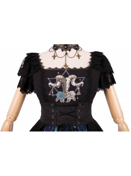 God Redemption Series OP Dark Double Chiffon Pleats Cross Skull Print Black Girdle Design Gothic Lolita Short Sleeve Dress Set