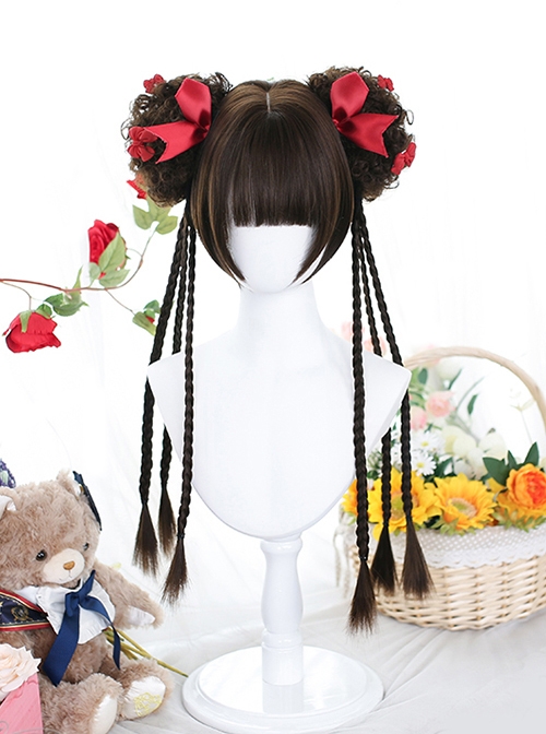 Dark Brown Cute Daily Long Double Ponytail Tiger-Mouth-Clips Air Bangs Sweet Lolita Short Wigs