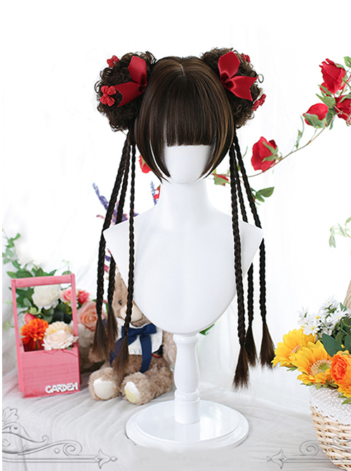 Dark Brown Cute Daily Long Double Ponytail Tiger-Mouth-Clips Air Bangs Sweet Lolita Short Wigs