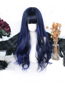 Galaxy Series Blue-Black Classic Lolita Big Wavy Long Curly Hair Air Bangs Wigs