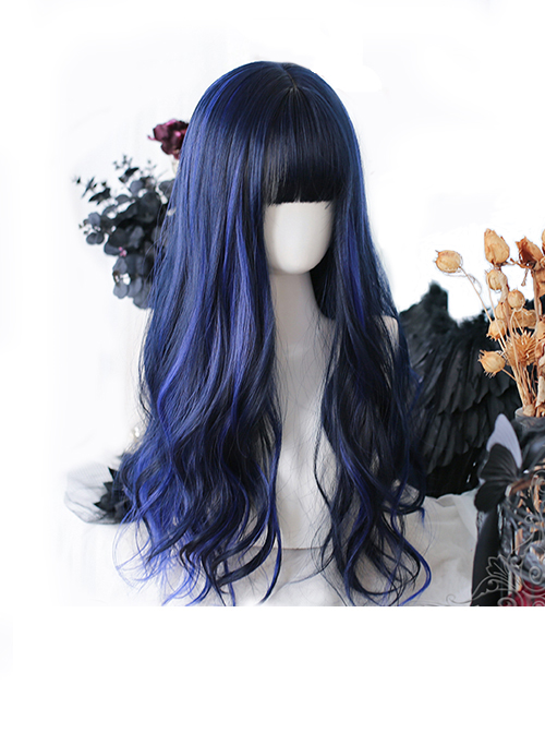 Galaxy Series Blue-Black Classic Lolita Big Wavy Long Curly Hair Air Bangs Wigs