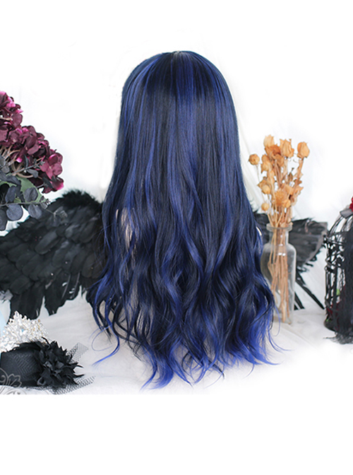 Galaxy Series Blue-Black Classic Lolita Big Wavy Long Curly Hair Air Bangs Wigs
