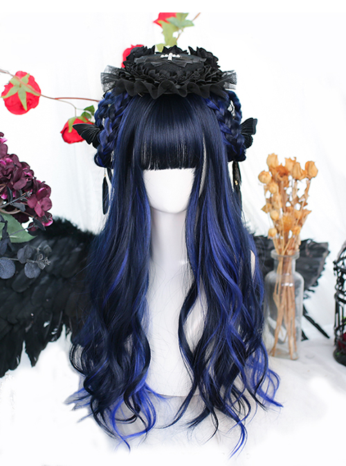 Galaxy Series Blue-Black Classic Lolita Big Wavy Long Curly Hair Air Bangs Wigs