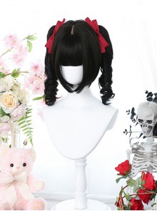 Cherry Series Natural Black Double Tail Tiger'S Mouth Clip Sweet Lolita Curly Hair Air Bangs Short Wigs