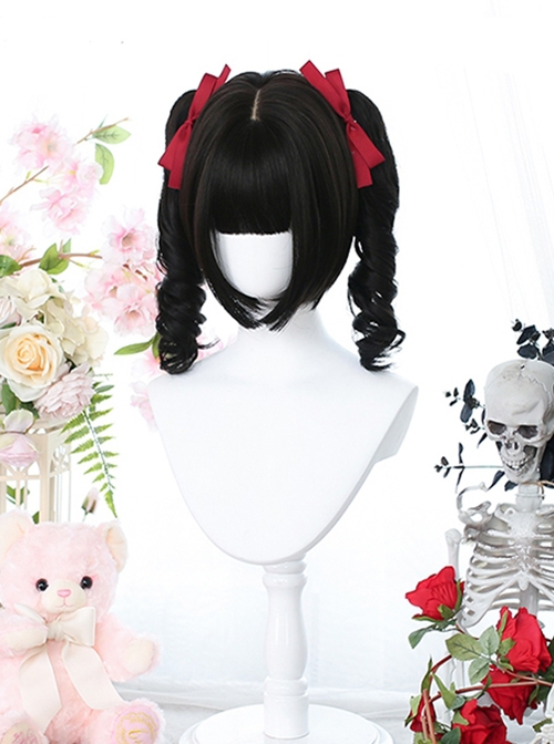 Cherry Series Natural Black Double Tail Tiger'S Mouth Clip Sweet Lolita Curly Hair Air Bangs Short Wigs