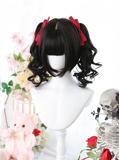 Cherry Series Natural Black Double Tail Tiger'S Mouth Clip Sweet Lolita Curly Hair Air Bangs Short Wigs