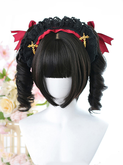 Cherry Series Natural Black Double Tail Tiger'S Mouth Clip Sweet Lolita Curly Hair Air Bangs Short Wigs