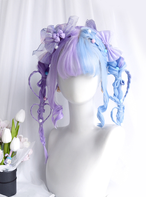 Dreamy Sweet Lolita Double Spell Blue-Purple Inner Air Buckle Bangs Long Straight Hair Wigs