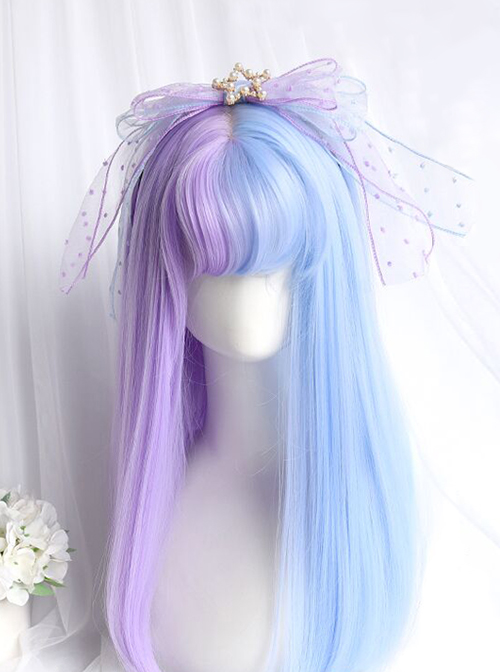 Dreamy Sweet Lolita Double Spell Blue-Purple Inner Air Buckle Bangs Long Straight Hair Wigs