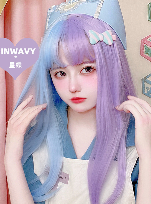 Dreamy Sweet Lolita Double Spell Blue-Purple Inner Air Buckle Bangs Long Straight Hair Wigs