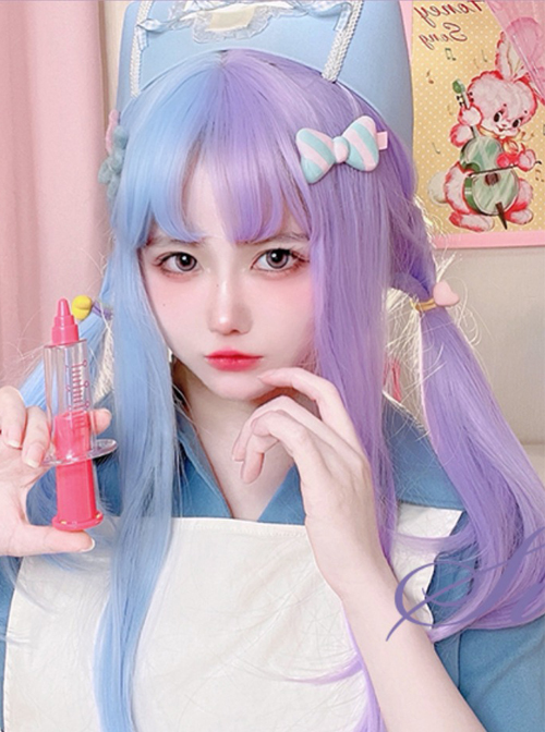 Dreamy Sweet Lolita Double Spell Blue-Purple Inner Air Buckle Bangs Long Straight Hair Wigs