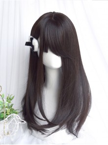 Natural Black Girly Sweet Incline Bangs Classic Lolita Medium Long Hair Wigs