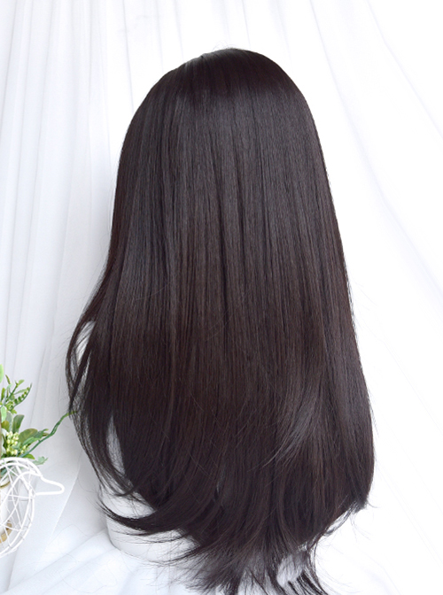 Natural Black Girly Sweet Incline Bangs Classic Lolita Medium Long Hair Wigs