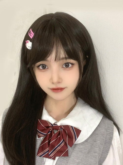 Natural Black Girly Sweet Incline Bangs Classic Lolita Medium Long Hair Wigs