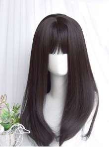 Natural Black Girly Sweet Neat Bangs Classic Lolita Medium Long Hair Wigs