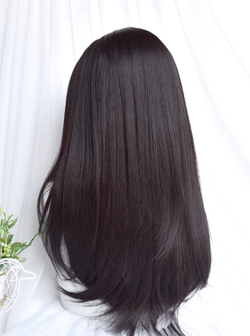 Natural Black Girly Sweet Neat Bangs Classic Lolita Medium Long Hair Wigs