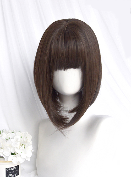 Campus Student Black-Brown Bangs Inner Buckle Bobo Classic Lolita Daily Short Wigs