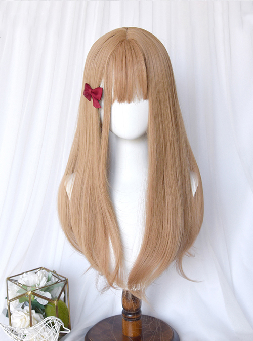 Gentle Linen Gold Micro Curly Waves Bangs Long Hair Classic Lolita Wigs