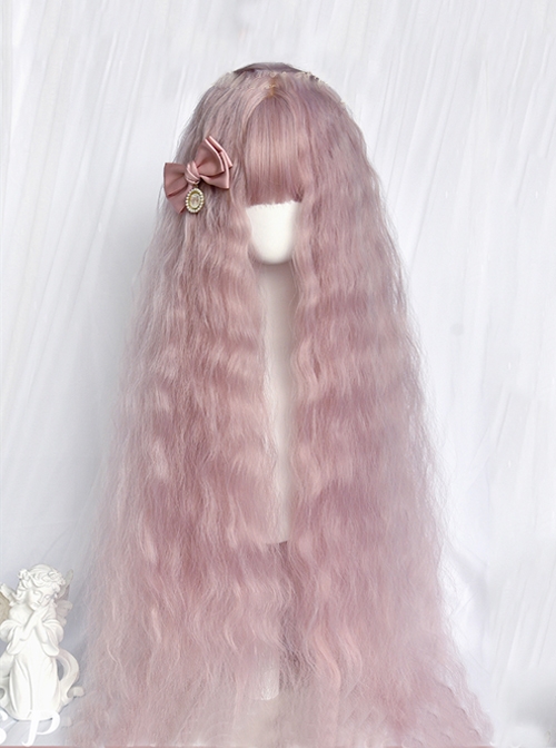 Gentle Romantic Pink Water Ripples Micro Curly Bangs Long Hair Sweet Lolita Wigs