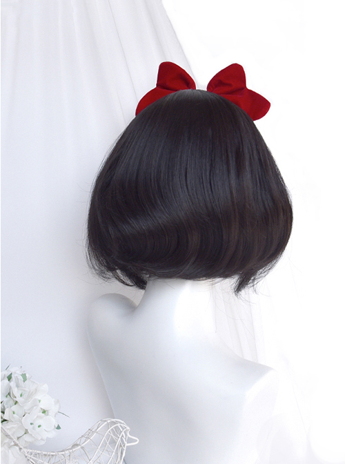 Daily Puffy Cute Black Inner Buckle Shoulder-Length Short Hair Neat Bangs Classic Lolita Wigs