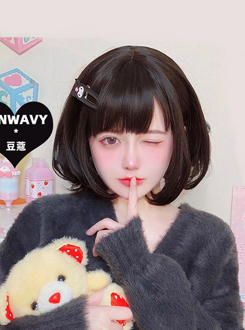 Daily Puffy Cute Black Inner Buckle Shoulder-Length Short Hair Neat Bangs Classic Lolita Wigs