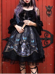 Butterfly Music Series OP Vintage Chiffon Pleated Lace Skull Butterfly Print Ruffled Pleated Puff Sleeves Dark Gothic Lolita Dress Set