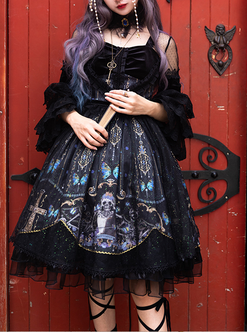 Butterfly Music Series OP Vintage Chiffon Pleated Lace Skull Butterfly Print Ruffled Pleated Puff Sleeves Dark Gothic Lolita Dress Set