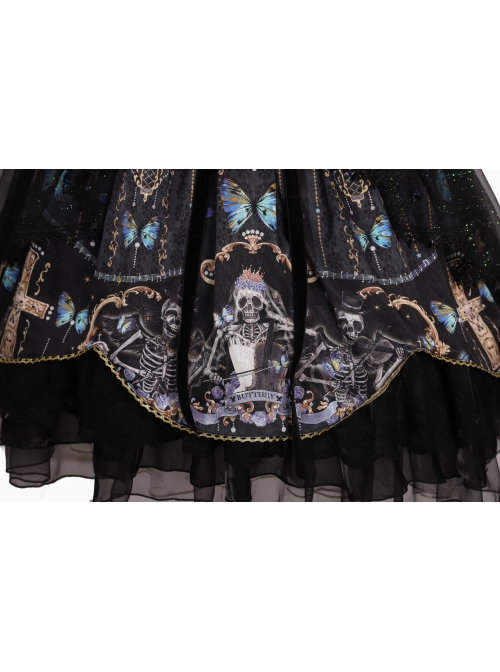 Butterfly Music Series OP Vintage Chiffon Pleated Lace Skull Butterfly Print Ruffled Pleated Puff Sleeves Dark Gothic Lolita Dress Set