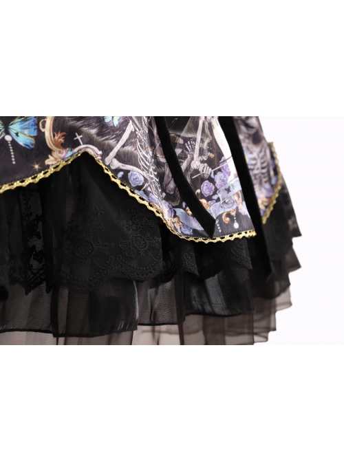 Butterfly Music Series OP Vintage Chiffon Pleated Lace Skull Butterfly Print Ruffled Pleated Puff Sleeves Dark Gothic Lolita Dress Set