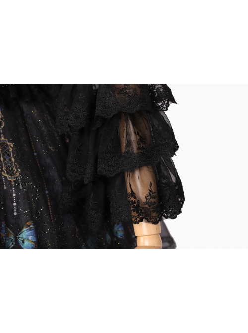 Butterfly Music Series OP Vintage Chiffon Pleated Lace Skull Butterfly Print Ruffled Pleated Puff Sleeves Dark Gothic Lolita Dress Set