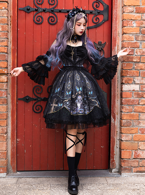 Butterfly Music Series OP Vintage Chiffon Pleated Lace Skull Butterfly Print Ruffled Pleated Puff Sleeves Dark Gothic Lolita Dress Set