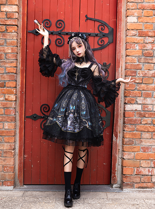 Butterfly Music Series OP Vintage Chiffon Pleated Lace Skull Butterfly Print Ruffled Pleated Puff Sleeves Dark Gothic Lolita Dress Set