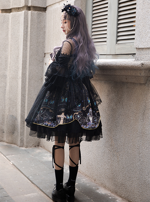 Butterfly Music Series OP Vintage Chiffon Pleated Lace Skull Butterfly Print Ruffled Pleated Puff Sleeves Dark Gothic Lolita Dress Set