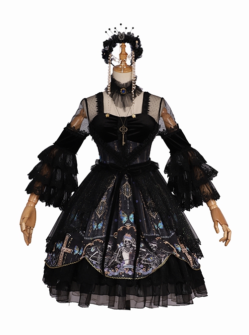 Butterfly Music Series OP Vintage Chiffon Pleated Lace Skull Butterfly Print Ruffled Pleated Puff Sleeves Dark Gothic Lolita Dress Set