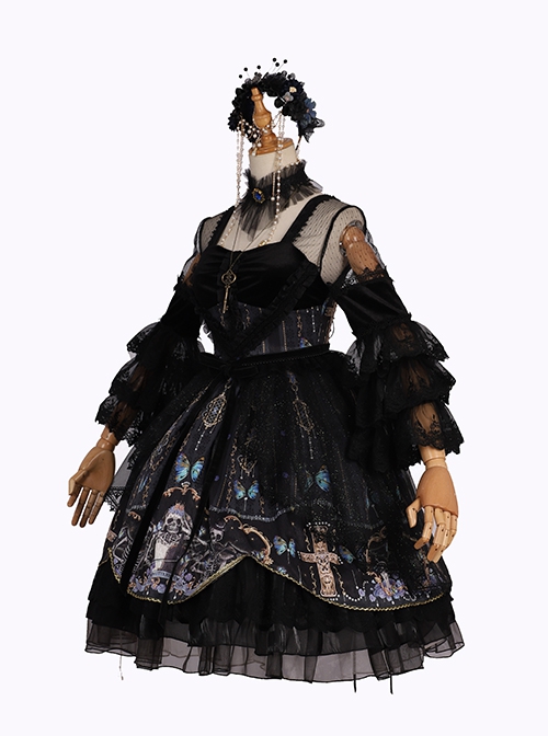 Butterfly Music Series OP Vintage Chiffon Pleated Lace Skull Butterfly Print Ruffled Pleated Puff Sleeves Dark Gothic Lolita Dress Set